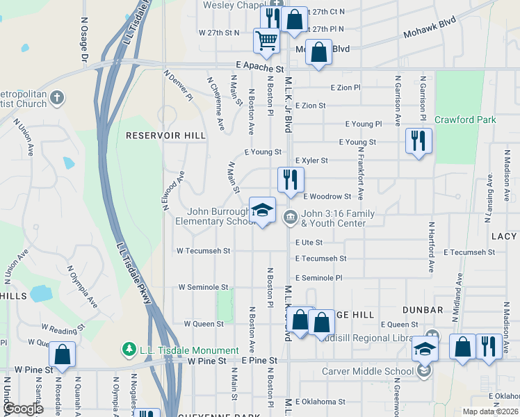 map of restaurants, bars, coffee shops, grocery stores, and more near 1970 North Boston Place in Tulsa