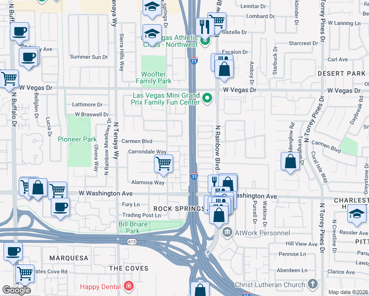 map of restaurants, bars, coffee shops, grocery stores, and more near 1121 Willow Tree Drive in Las Vegas