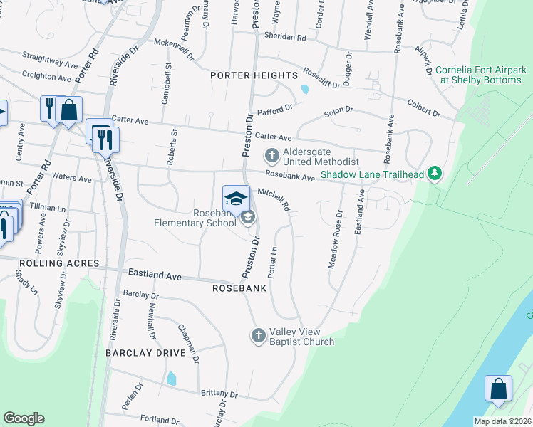 map of restaurants, bars, coffee shops, grocery stores, and more near 1013 Preston Drive in Nashville