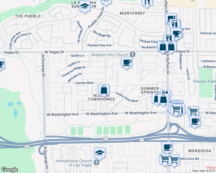 map of restaurants, bars, coffee shops, grocery stores, and more near 1108 North Cimarron Road in Las Vegas