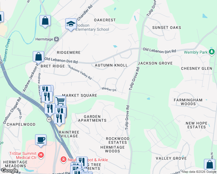 map of restaurants, bars, coffee shops, grocery stores, and more near 1556 Market Square in Nashville