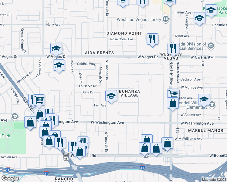map of restaurants, bars, coffee shops, grocery stores, and more near 2011 Mills Circle in Las Vegas