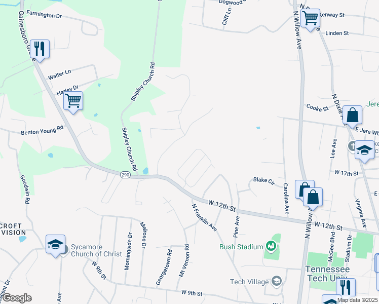 map of restaurants, bars, coffee shops, grocery stores, and more near 1347 Buckingham Pl in Cookeville