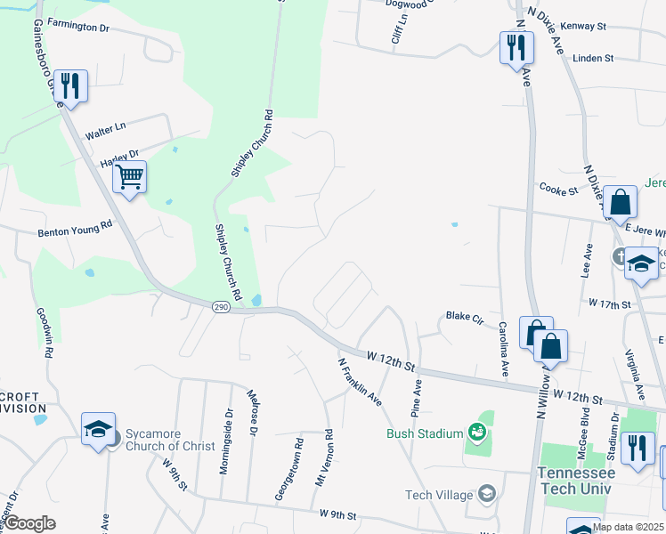 map of restaurants, bars, coffee shops, grocery stores, and more near 1347 Buckingham Place in Cookeville