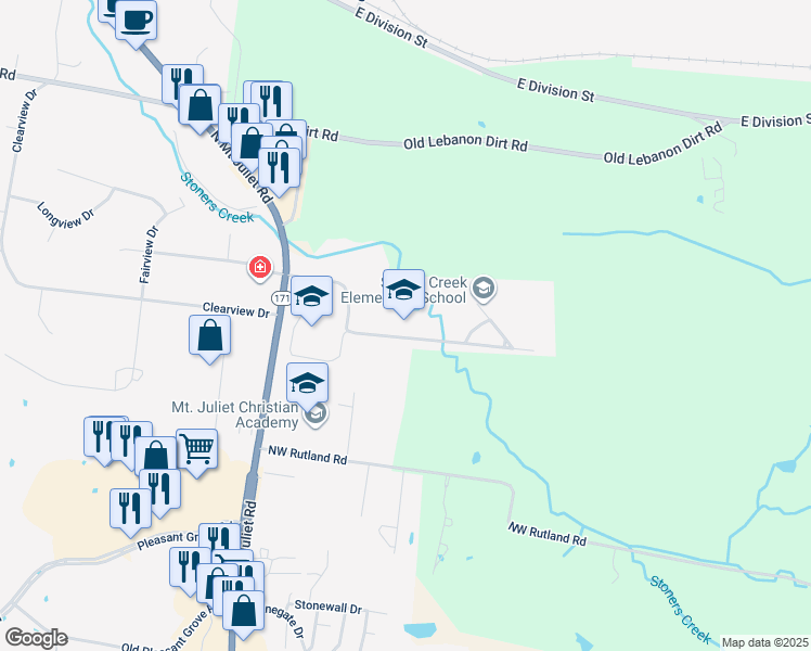 map of restaurants, bars, coffee shops, grocery stores, and more near 1035 North Mount Juliet Road in Mt. Juliet