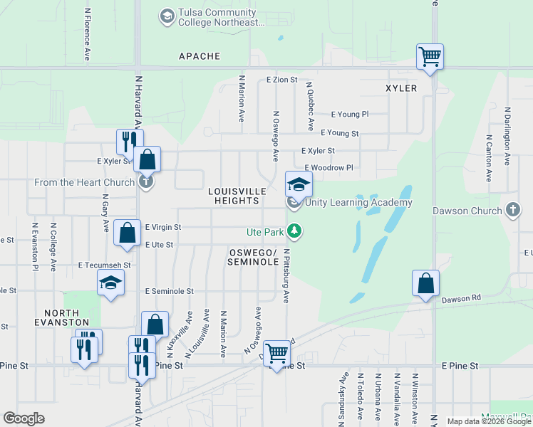 map of restaurants, bars, coffee shops, grocery stores, and more near 4004 East Virgin Place in Tulsa