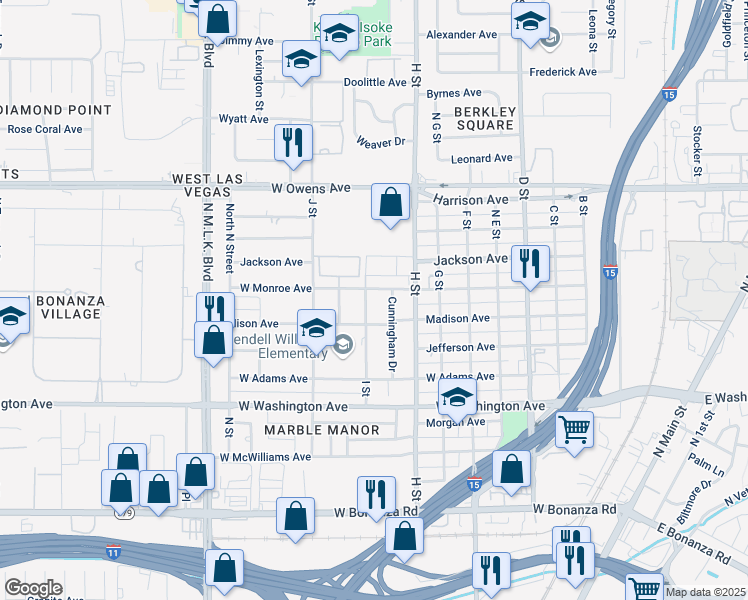 map of restaurants, bars, coffee shops, grocery stores, and more near 1214 I Street in Las Vegas