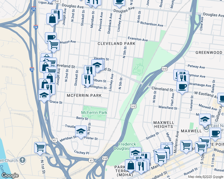 map of restaurants, bars, coffee shops, grocery stores, and more near 803 Lischey Avenue in Nashville