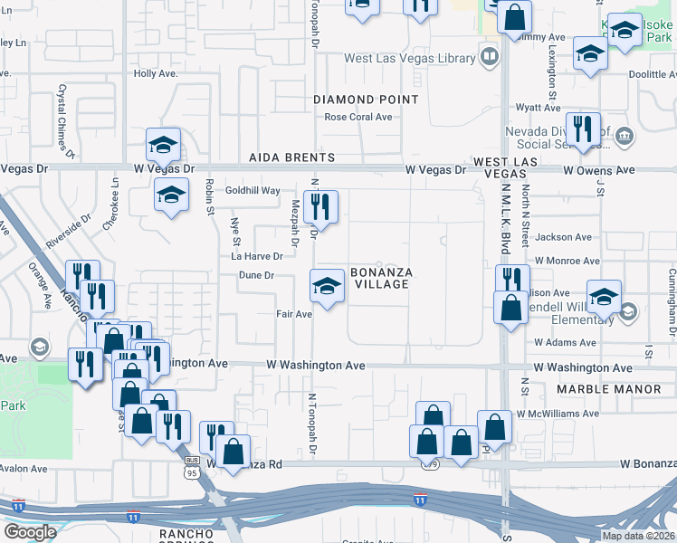 map of restaurants, bars, coffee shops, grocery stores, and more near 2011 Mills Circle in Las Vegas