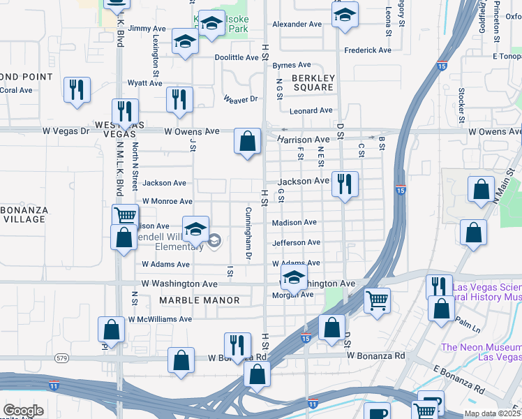 map of restaurants, bars, coffee shops, grocery stores, and more near 1211 H Street in Las Vegas