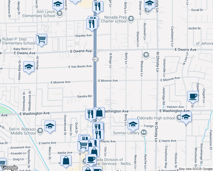 map of restaurants, bars, coffee shops, grocery stores, and more near 1385 North Ringe Lane in Las Vegas