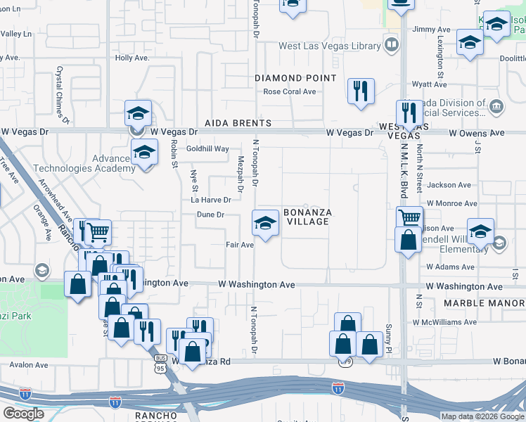 map of restaurants, bars, coffee shops, grocery stores, and more near 2021 Mills Circle in Las Vegas