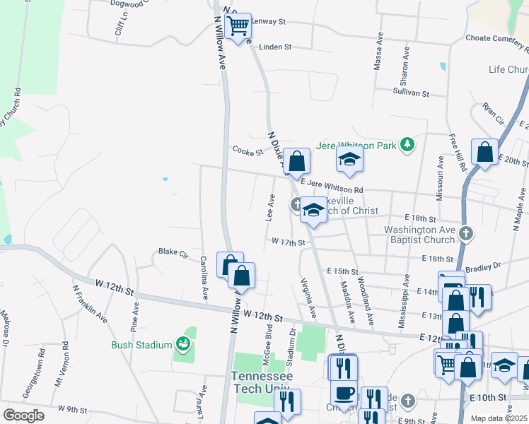 map of restaurants, bars, coffee shops, grocery stores, and more near 1806 Lee Avenue in Cookeville
