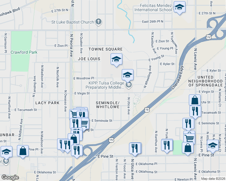 map of restaurants, bars, coffee shops, grocery stores, and more near 1543 East Virgin Street in Tulsa