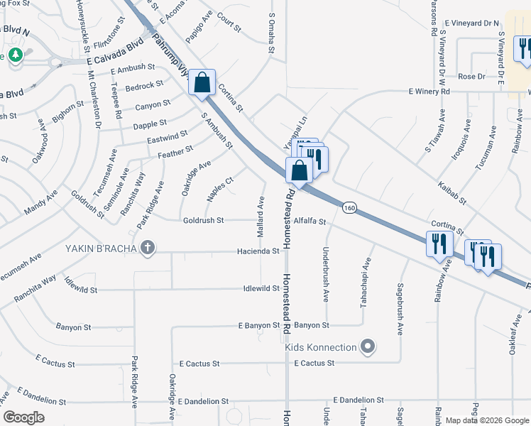 map of restaurants, bars, coffee shops, grocery stores, and more near 2421 Mallard Avenue in Pahrump