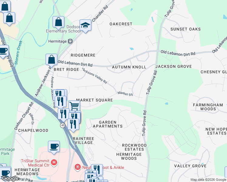 map of restaurants, bars, coffee shops, grocery stores, and more near 1128 Jacksons Valley Road in Nashville