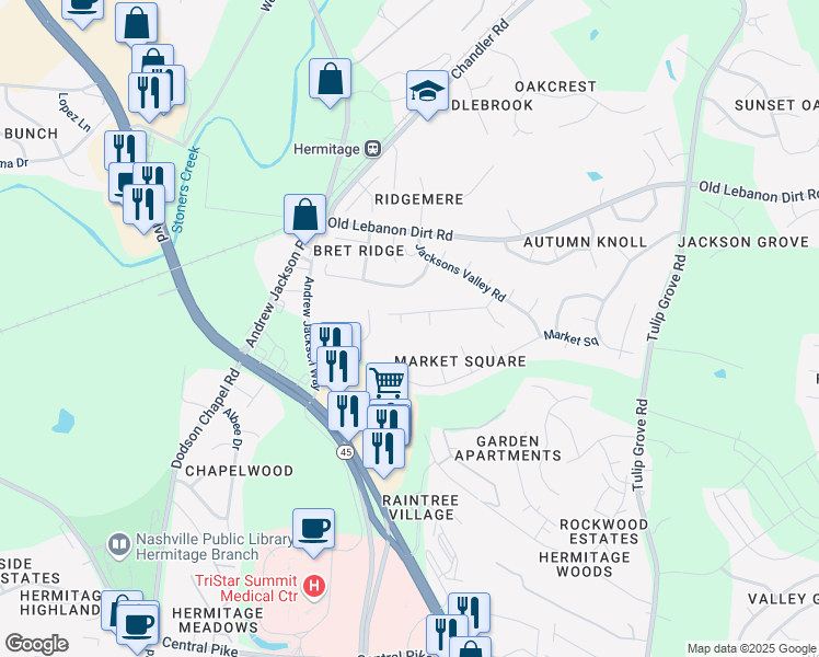 map of restaurants, bars, coffee shops, grocery stores, and more near 505 Jacksons Hill Court in Nashville