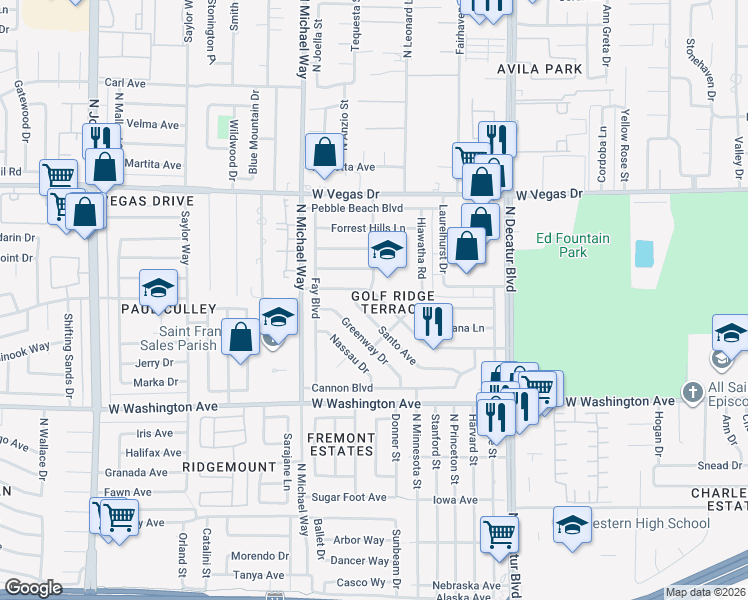 map of restaurants, bars, coffee shops, grocery stores, and more near 5125 Carmen Boulevard in Las Vegas