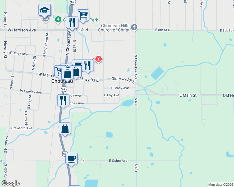 map of restaurants, bars, coffee shops, grocery stores, and more near 430 East Loy Avenue in Chouteau