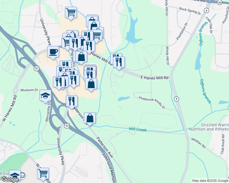 map of restaurants, bars, coffee shops, grocery stores, and more near 924 Windcastle Lane in Winston-Salem