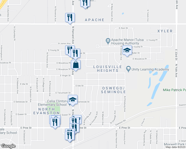 map of restaurants, bars, coffee shops, grocery stores, and more near 3522 East Virgin Place in Tulsa