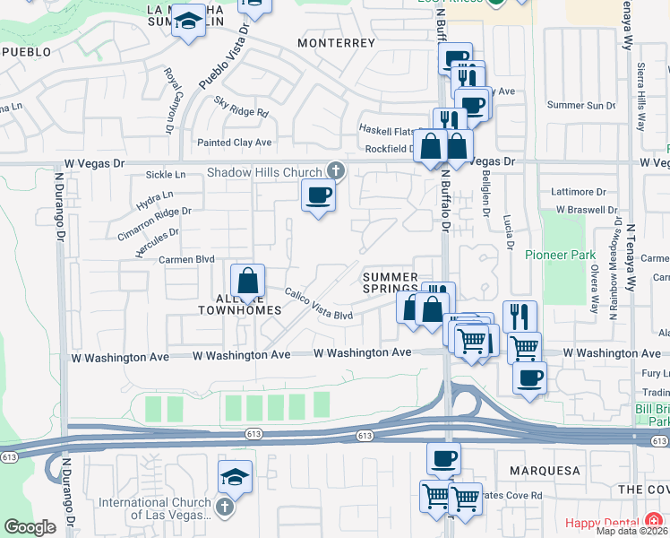map of restaurants, bars, coffee shops, grocery stores, and more near 7905 Esterbrook Way in Las Vegas