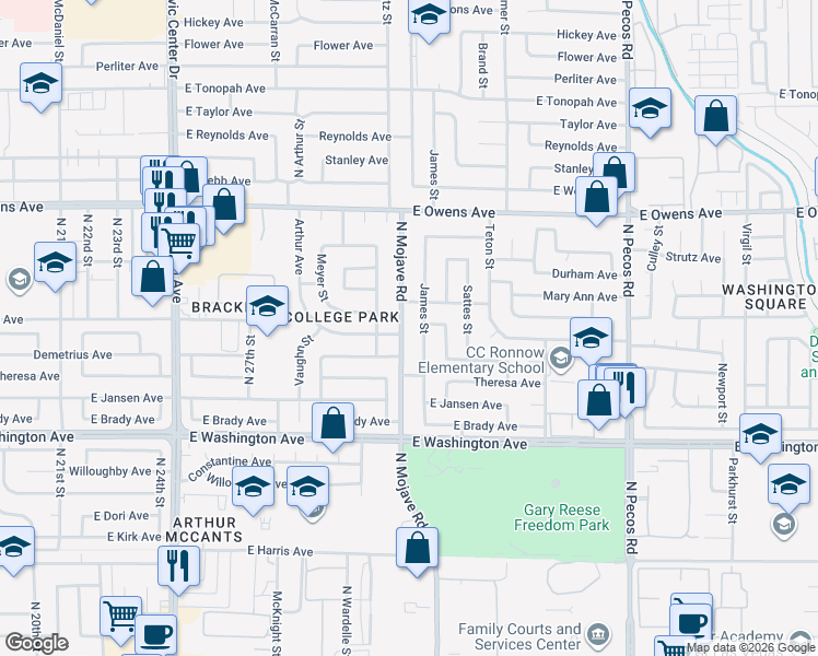 map of restaurants, bars, coffee shops, grocery stores, and more near 1300 North Mojave Road in Las Vegas