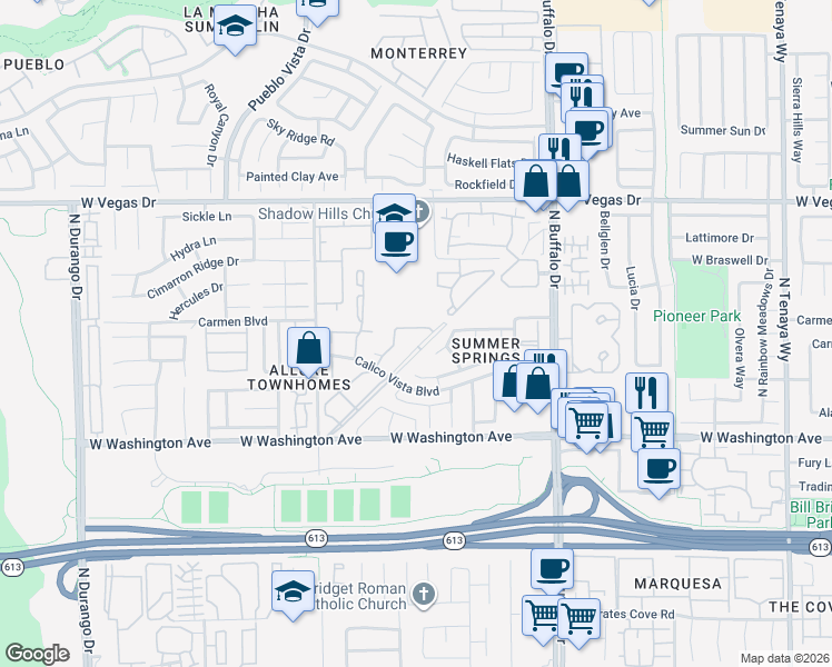 map of restaurants, bars, coffee shops, grocery stores, and more near 7905 Esterbrook Way in Las Vegas