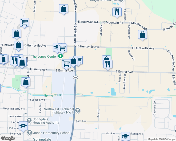 map of restaurants, bars, coffee shops, grocery stores, and more near 1556 East Emma Avenue in Springdale