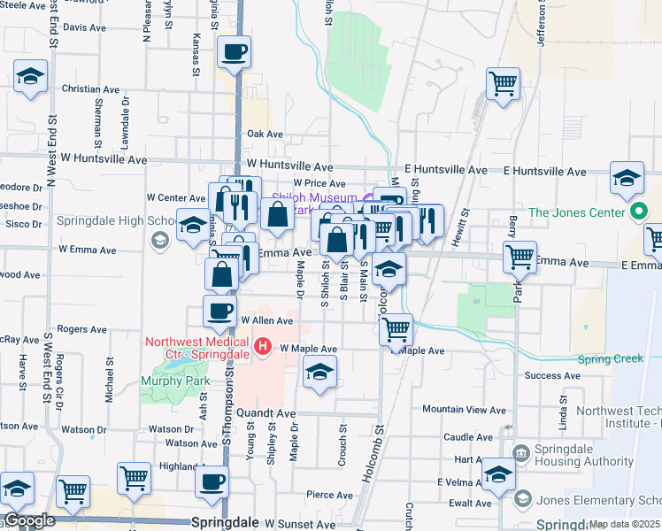 map of restaurants, bars, coffee shops, grocery stores, and more near 107 South Shiloh Street in Springdale