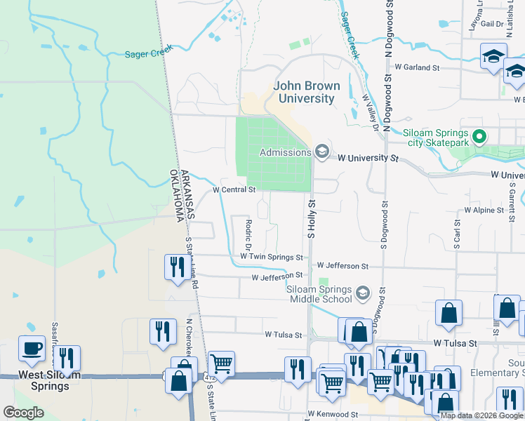 map of restaurants, bars, coffee shops, grocery stores, and more near 2014 West Central Street in Siloam Springs