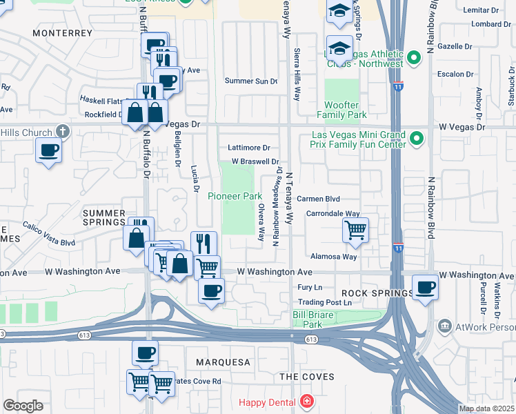map of restaurants, bars, coffee shops, grocery stores, and more near 1201 Olvera Way in Las Vegas