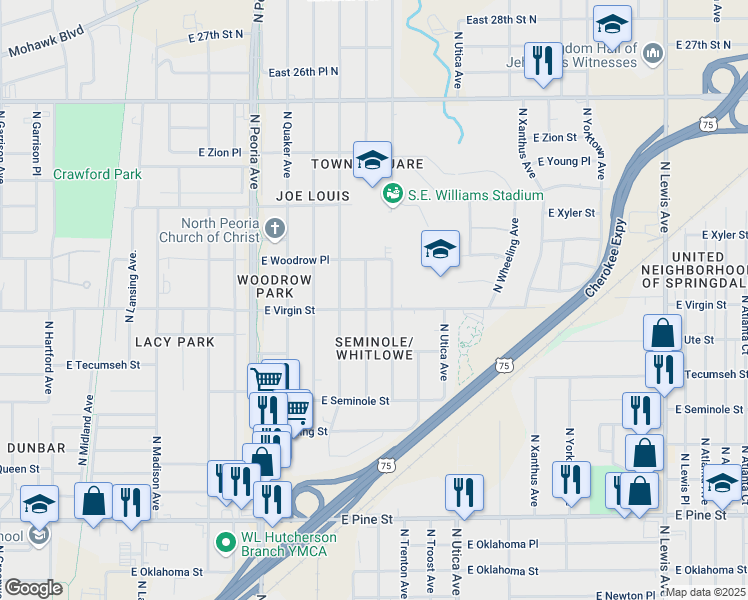 map of restaurants, bars, coffee shops, grocery stores, and more near 1543 East Virgin Street in Tulsa