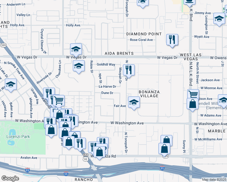 map of restaurants, bars, coffee shops, grocery stores, and more near 2200 Dune Drive in Las Vegas