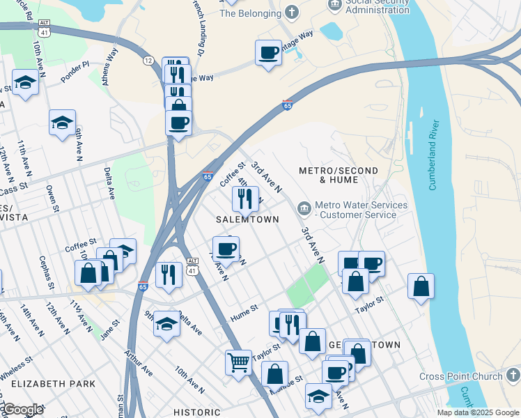 map of restaurants, bars, coffee shops, grocery stores, and more near 1803 4th Avenue North in Nashville