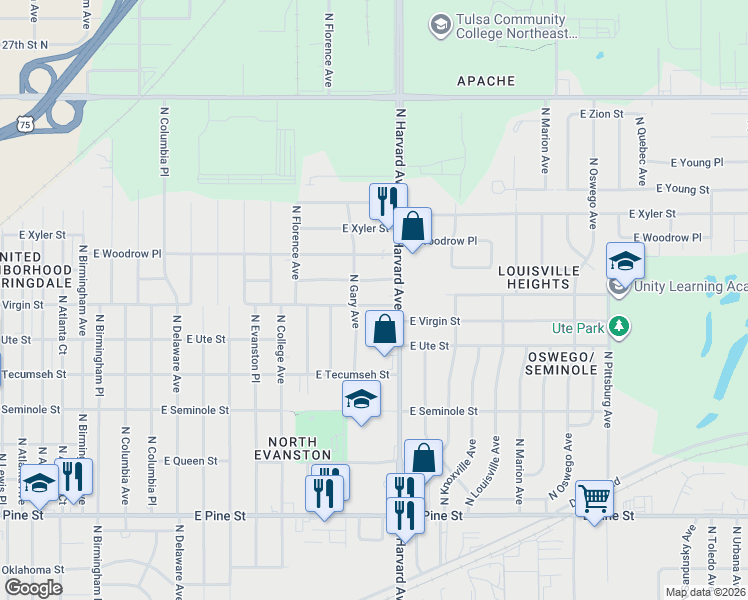 map of restaurants, bars, coffee shops, grocery stores, and more near 3219 East Virgin Street in Tulsa
