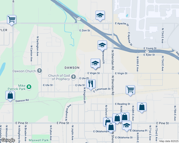 map of restaurants, bars, coffee shops, grocery stores, and more near 6047 East Virgin Street in Tulsa