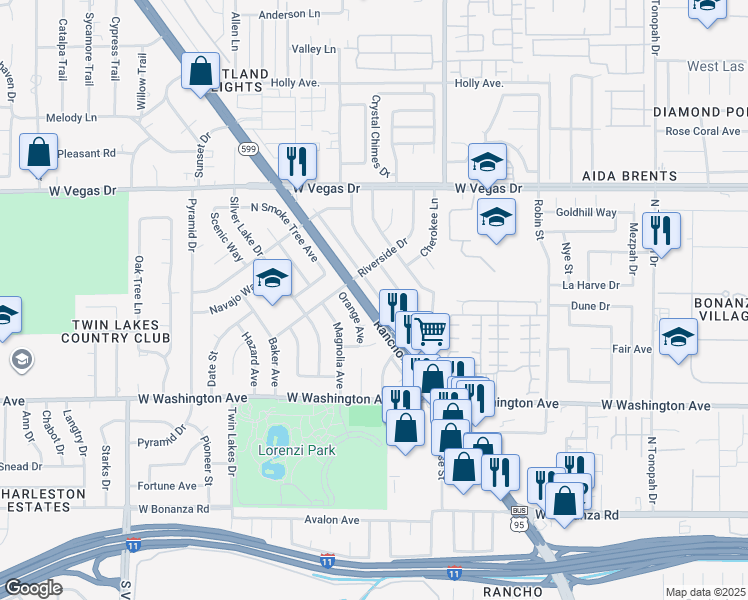 map of restaurants, bars, coffee shops, grocery stores, and more near 1113 Arrowhead Avenue in Las Vegas