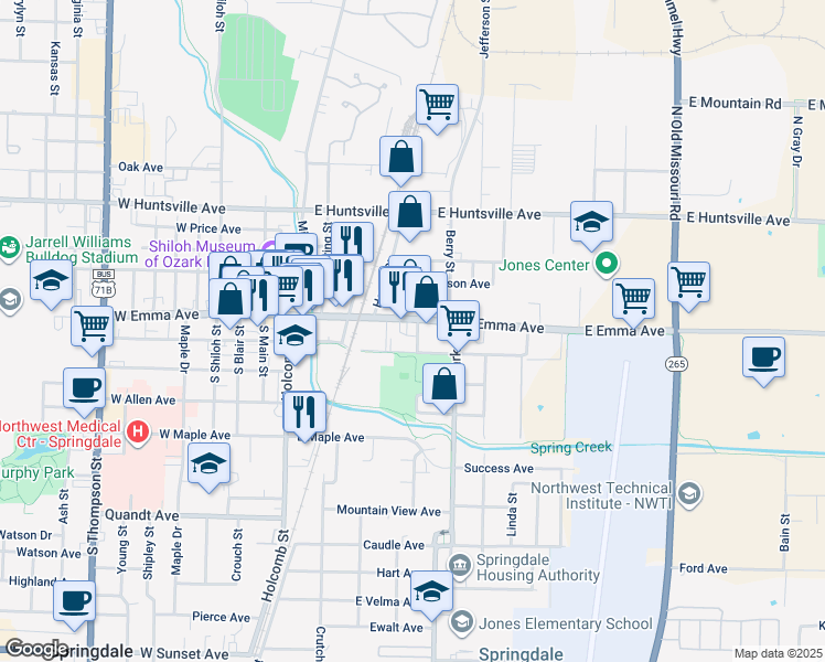 map of restaurants, bars, coffee shops, grocery stores, and more near 413 East Emma Avenue in Springdale