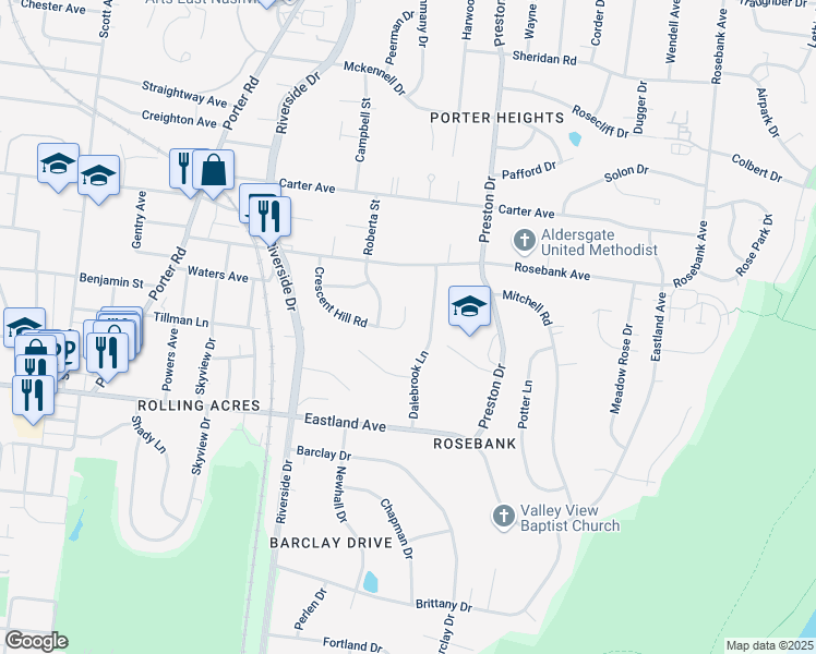 map of restaurants, bars, coffee shops, grocery stores, and more near 816 Crescent Hill Road in Nashville