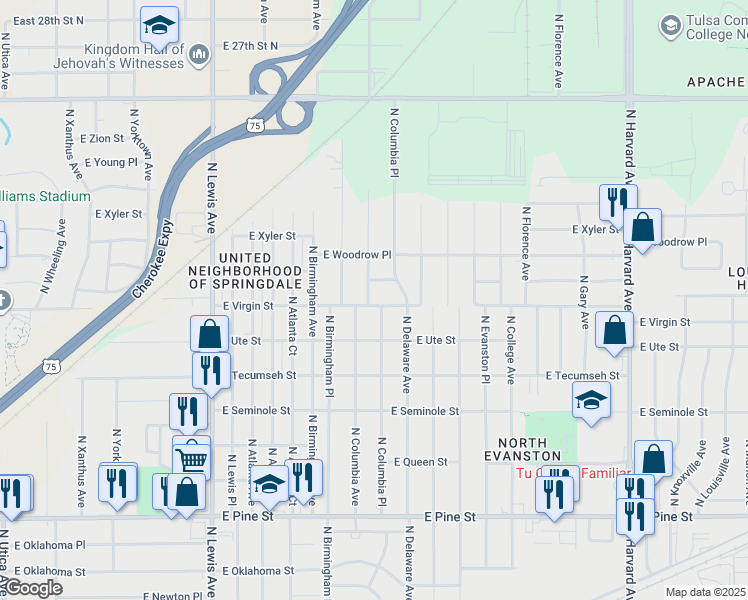 map of restaurants, bars, coffee shops, grocery stores, and more near 2703 East Virgin Street in Tulsa