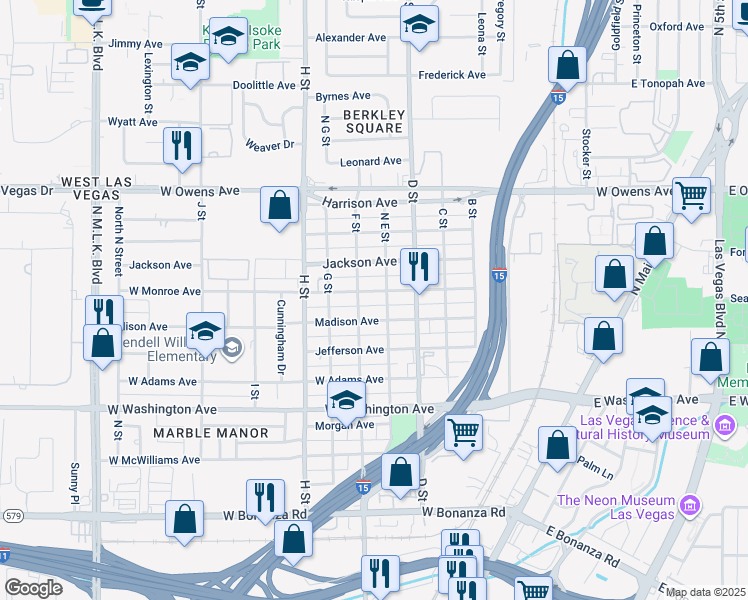 map of restaurants, bars, coffee shops, grocery stores, and more near 513 West Monroe Avenue in Las Vegas