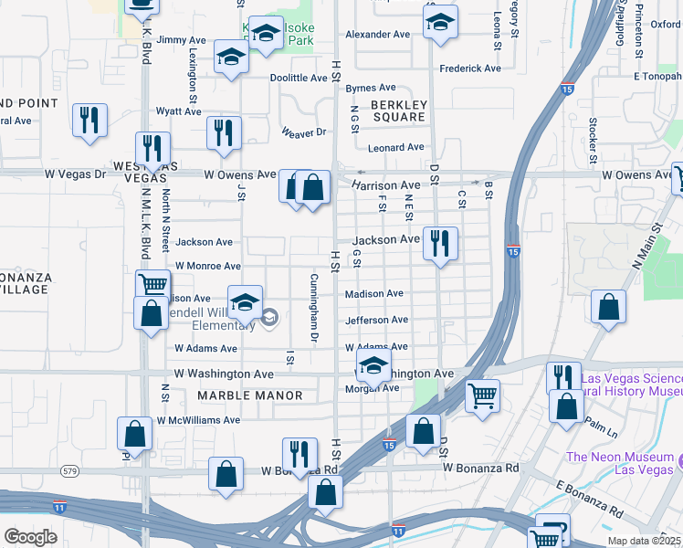 map of restaurants, bars, coffee shops, grocery stores, and more near 1211 H Street in Las Vegas