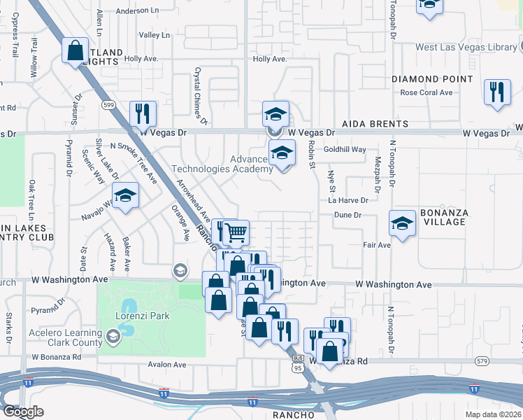 map of restaurants, bars, coffee shops, grocery stores, and more near 2625 Living Rock Street in Las Vegas