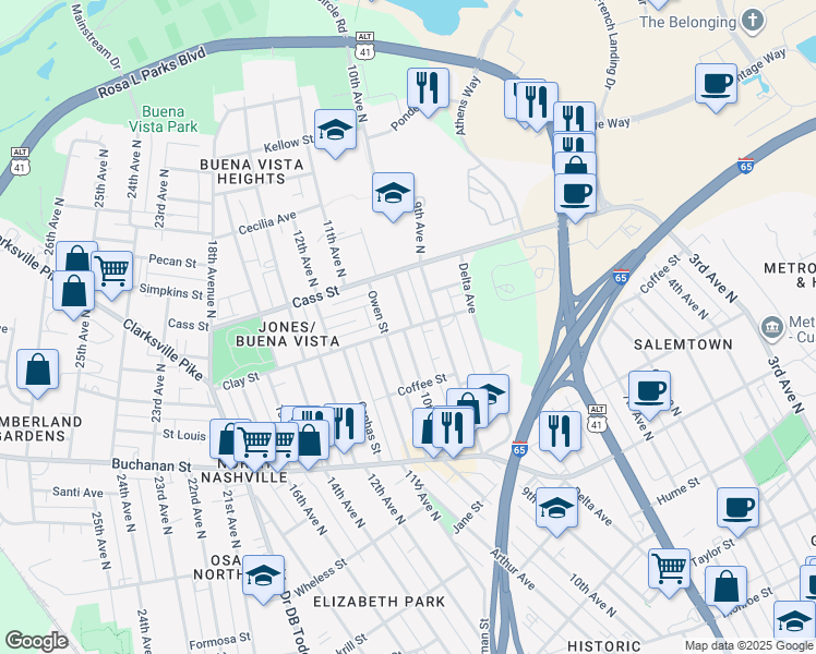 map of restaurants, bars, coffee shops, grocery stores, and more near 1007B Clay Street in Nashville