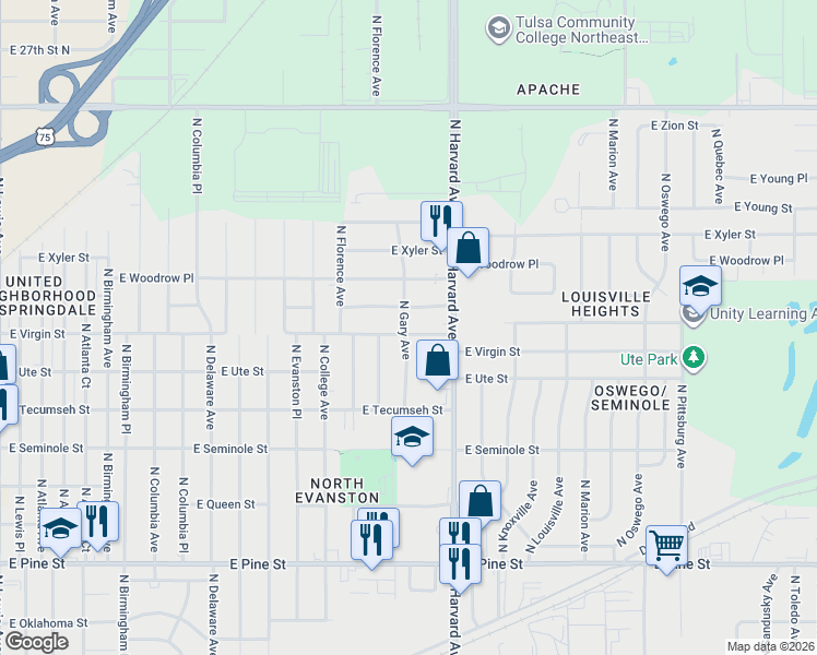 map of restaurants, bars, coffee shops, grocery stores, and more near 3219 East Virgin Street in Tulsa