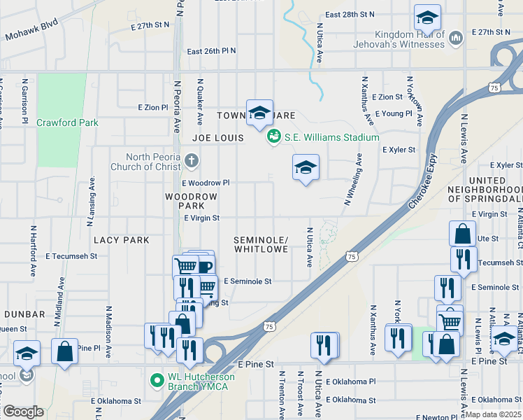 map of restaurants, bars, coffee shops, grocery stores, and more near 1543 East Virgin Street in Tulsa