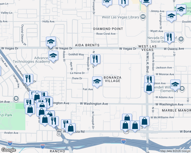 map of restaurants, bars, coffee shops, grocery stores, and more near 2021 Mills Circle in Las Vegas