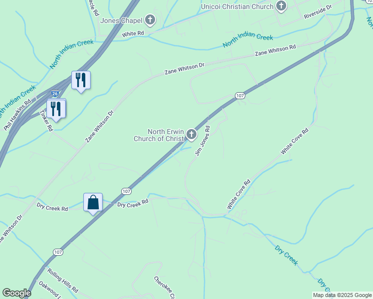 map of restaurants, bars, coffee shops, grocery stores, and more near 111 Ambrose Court in Unicoi