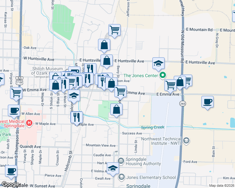 map of restaurants, bars, coffee shops, grocery stores, and more near 610 East Emma Avenue in Springdale